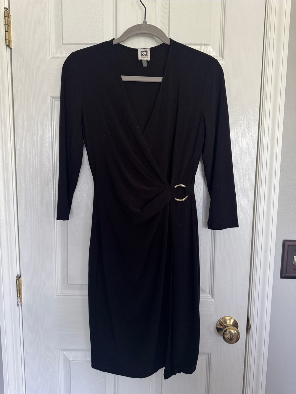 Anne Klein Black Midi Wrap Dress with Gold Ring Accent